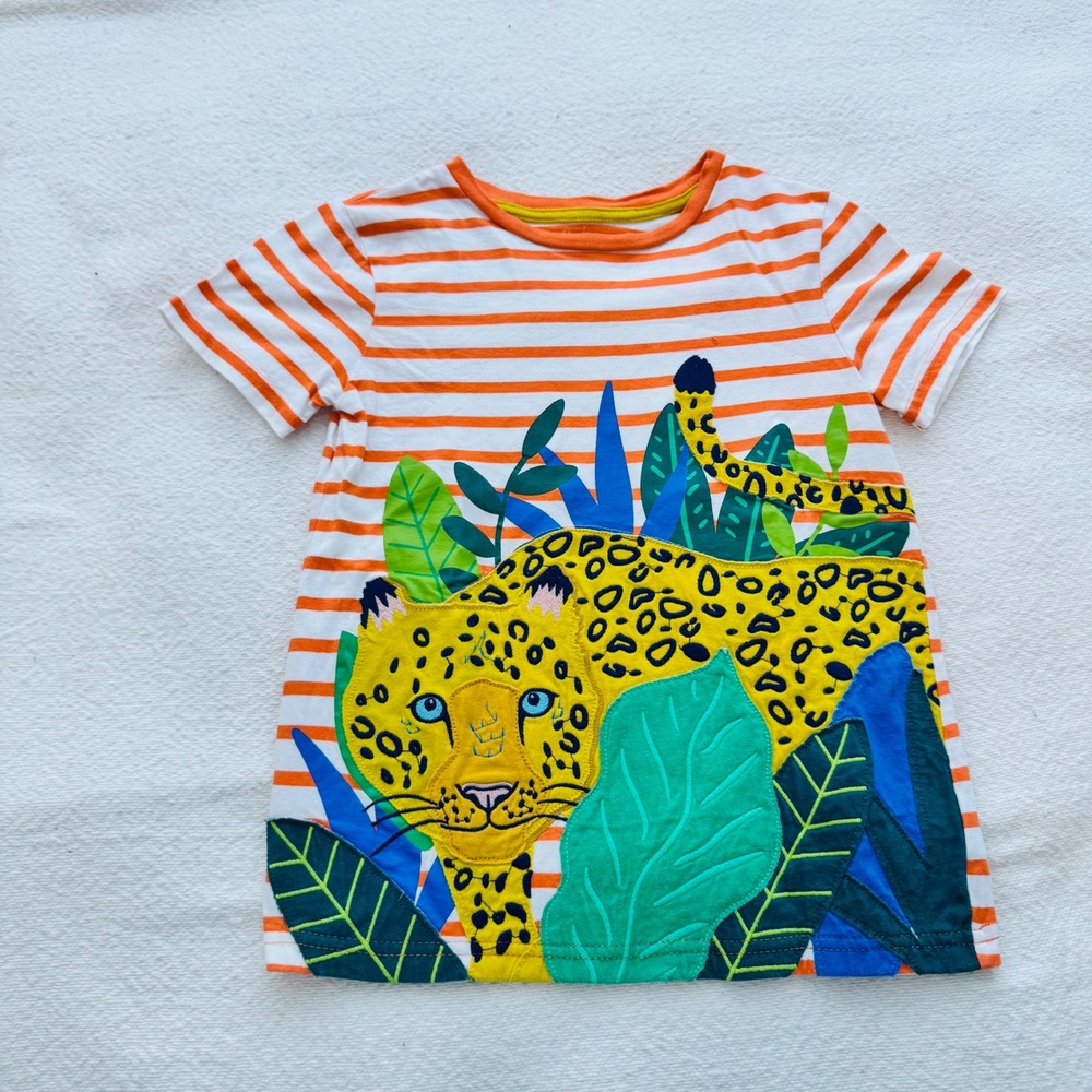 Mini Boden Leopard Applique Stripe Tee Knit Crew Neck Orange Casual Size 8-9 - Picture 2 of 6